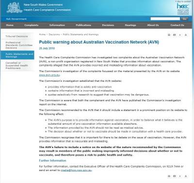 HCCC Public Warning about the Australian Vaccination Network